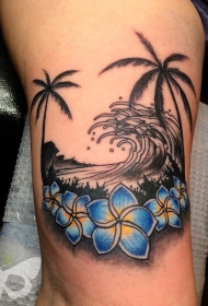 手臂彩色棕榈树和花朵纹身图片