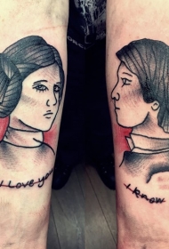 腿部简单的彩色汉·索洛和莱娅像肖像纹身