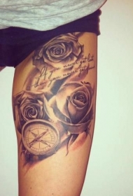 腿部灰色的玫瑰花与手表纹身图案