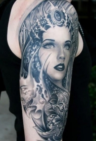 肩部黑灰色妇女与各种饰品纹身图案