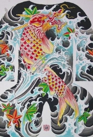 日本全甲黑帮的锦鲤手稿纹身图片
