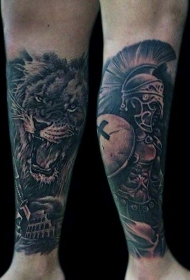 腿部棕色滑稽的武士与狮子纹身图片