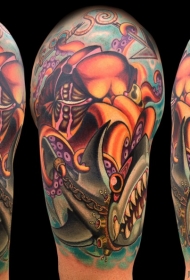 肩部现代风格的彩色鲨鱼与章鱼纹身图案
