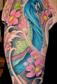 女性肩部彩色孔雀花纹身图案