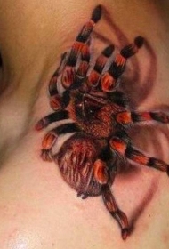 脖子彩色3D红蜘蛛纹身图案