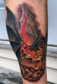 腿部新风格的彩色南瓜与蝙蝠纹身图片