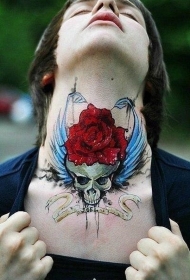 脖子彩色骷髅玫瑰纹身图片