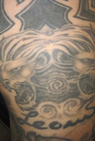 腿部黑色对称狮子头纹身图案