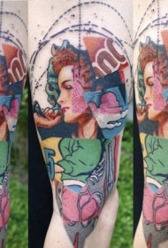 腿部素描风格的彩色妇女肖像纹身