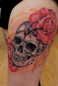 腿部彩色人类头骨和蜘蛛结合纹身图案