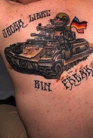 肩部彩色德国军事坦克纹身图案