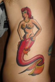 腰侧彩色性感的美人鱼纹身图案