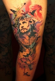 腿部水彩风格耶稣纹身图案