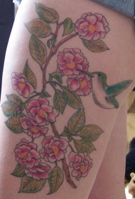 腿部彩色花枝与蜂鸟纹身图案