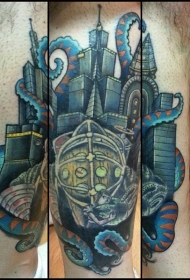 腿部未来的彩色城市和章鱼纹身图片