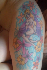 腿部彩色裸体仙女纹身图案