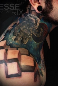 男性彩色颈部宇航员纹身图案