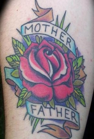 腿部彩色红玫瑰英文纹身图案