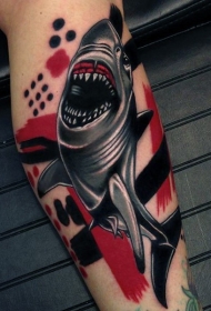 腿部新学校风格的彩色鲨鱼纹身图片