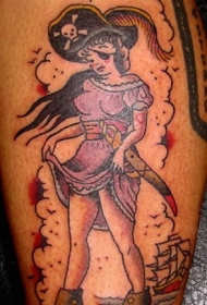 腿部彩色旧式手绘简单的海盗女子纹身
