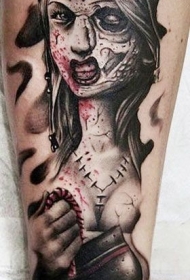 腿部彩色恐怖护士纹身图案