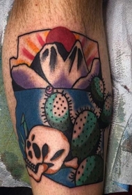 腿部老学校的风格彩色仙人掌纹身图片