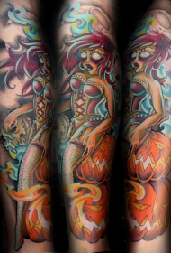 手臂彩色恶魔的美人鱼纹身图案