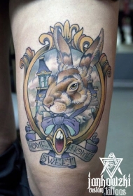 腿部彩色小兔子肖像纹身图案