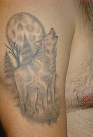 肩部灰色月亮上嚎叫的狼纹身图片