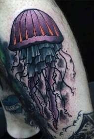腿部老派风格的彩色水母纹身图片