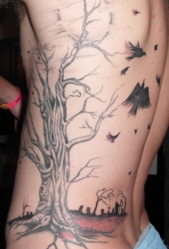 腰侧黑灰可怕的枯树纹身图案