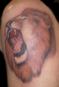 肩部彩色怒吼的狮子纹身图片