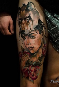 现代传统彩色女人肖像与狼纹身图案