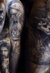 手臂黑灰天使和教堂的宗教风格纹身图片