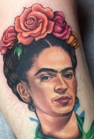 腿部彩色天墨西哥女子肖像纹身图案