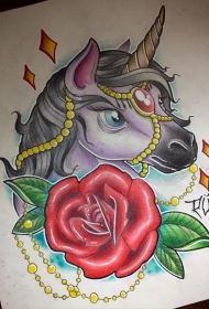 school独角兽玫瑰纹身图案手稿