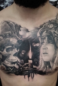 胸部黑灰女人与骷髅头纹身图案