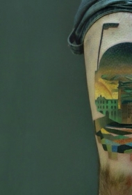 腿部彩色城市景观纹身图案
