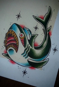 old school彩色鲨鱼纹身图案手稿