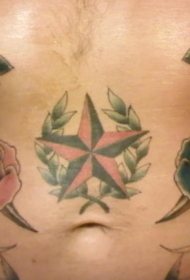 腹部彩色五角星玫瑰纹身图案