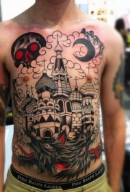 胸部大面积彩色神秘的城堡与骷髅纹身图案