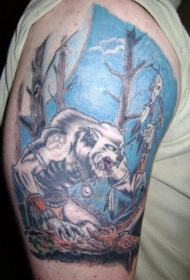 手臂彩色狼人纹身图片