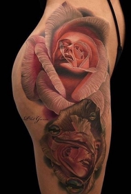 腿部彩色玫瑰与女人脸纹身图案