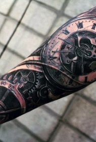 手臂黑白机械时钟纹身图案