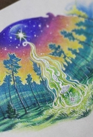 彩色的神秘森林纹身图案手稿