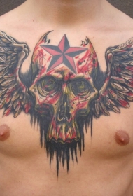 男性胸部彩色骷髅翅膀纹身图案