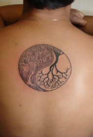 背部黑白树木八卦纹身图片