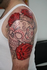 手臂彩色骷髅玫瑰花新纹身图案