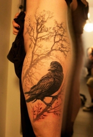 腿部黑白乌鸦写实纹身图案