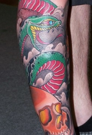 手臂彩色蛇和骷髅纹身图案